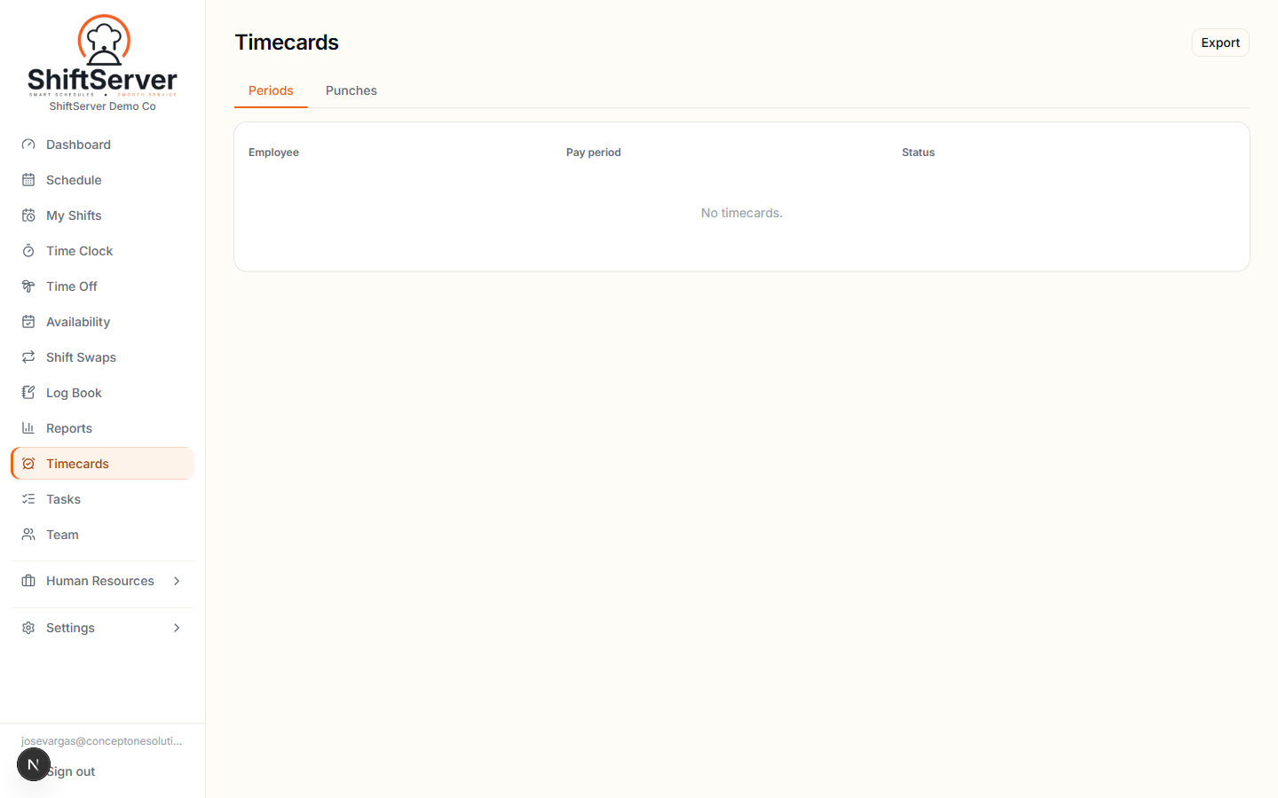 ShiftServer timecards — pay periods, punch review, and export